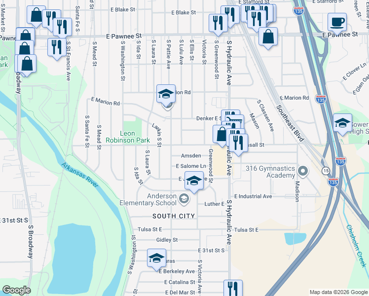 map of restaurants, bars, coffee shops, grocery stores, and more near 2753 South Lulu Street in Wichita