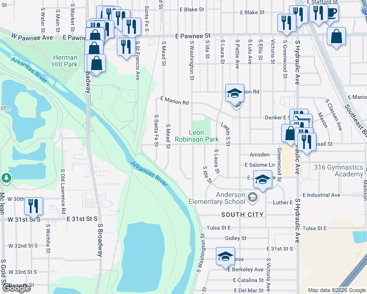 map of restaurants, bars, coffee shops, grocery stores, and more near 2745 South Mosley Street in Wichita