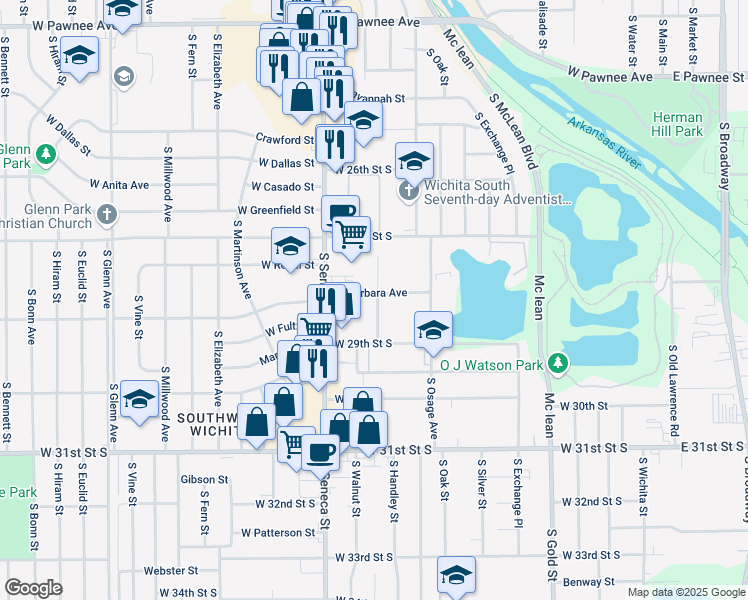 map of restaurants, bars, coffee shops, grocery stores, and more near 2858 S Walnut St in Wichita