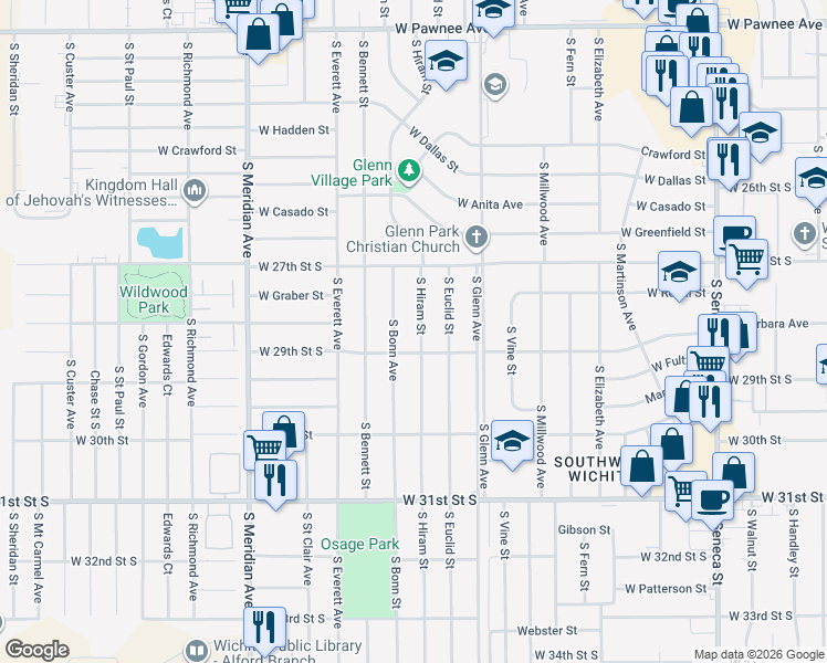 map of restaurants, bars, coffee shops, grocery stores, and more near 2916 South Bonn Avenue in Wichita