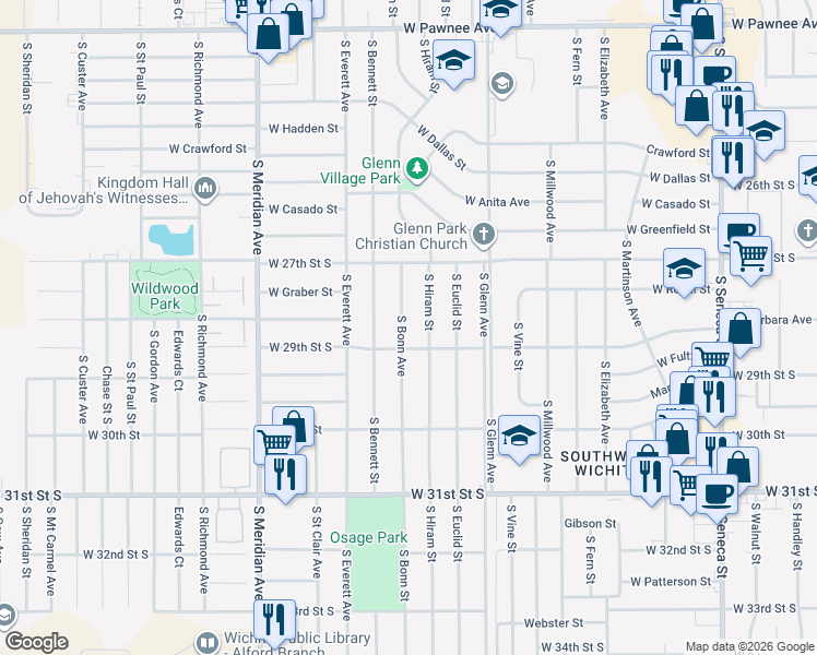 map of restaurants, bars, coffee shops, grocery stores, and more near 2916 South Bonn Avenue in Wichita