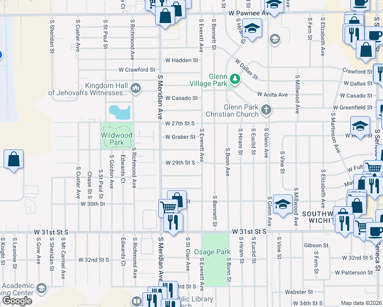map of restaurants, bars, coffee shops, grocery stores, and more near 2216 Wildwood Street in Wichita