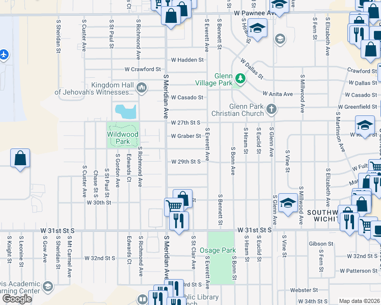 map of restaurants, bars, coffee shops, grocery stores, and more near 2328 West Wildwood Street in Wichita