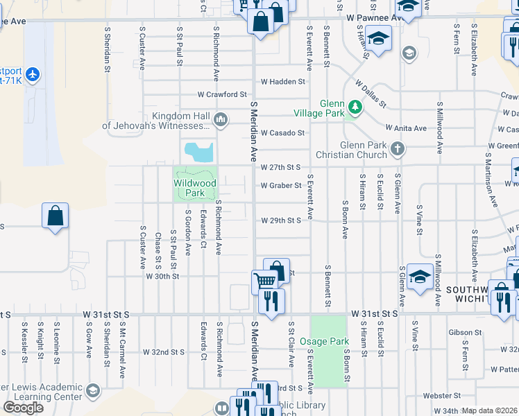 map of restaurants, bars, coffee shops, grocery stores, and more near in Wichita