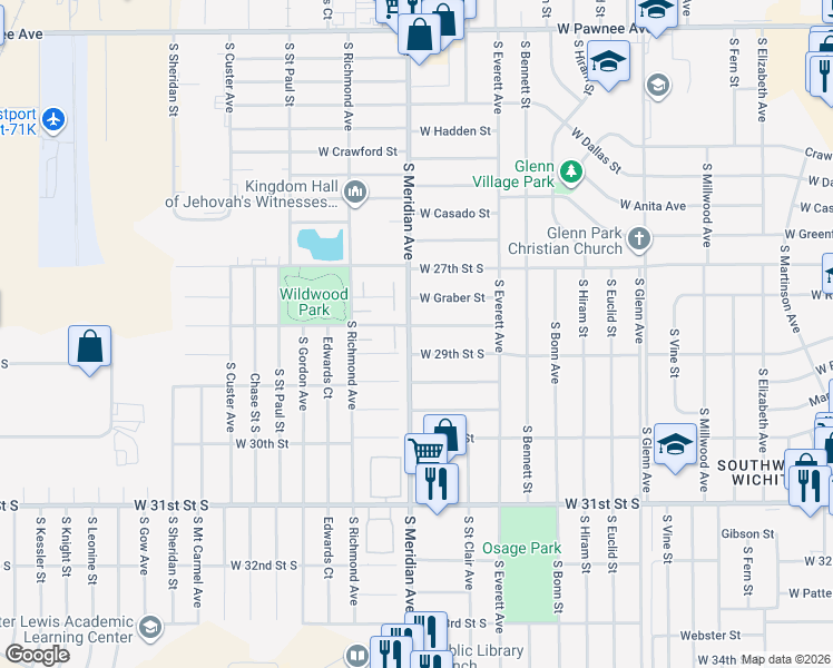 map of restaurants, bars, coffee shops, grocery stores, and more near in Wichita