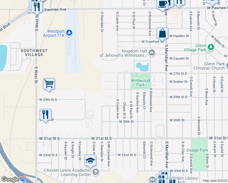 map of restaurants, bars, coffee shops, grocery stores, and more near 3114 West Wildwood Circle in Wichita