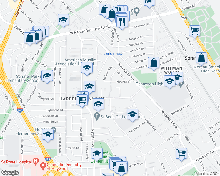 map of restaurants, bars, coffee shops, grocery stores, and more near 26517 Sunvale Court in Hayward