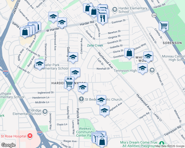 map of restaurants, bars, coffee shops, grocery stores, and more near 234 Newhall Street in Hayward