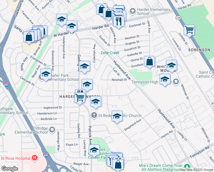 map of restaurants, bars, coffee shops, grocery stores, and more near 26517 Sunvale Court in Hayward