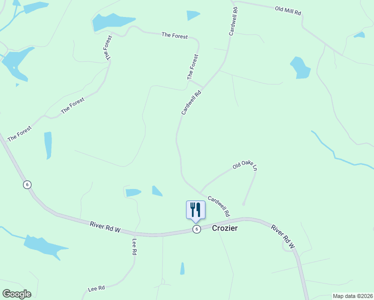 map of restaurants, bars, coffee shops, grocery stores, and more near 1253 Cardwell Road in Crozier