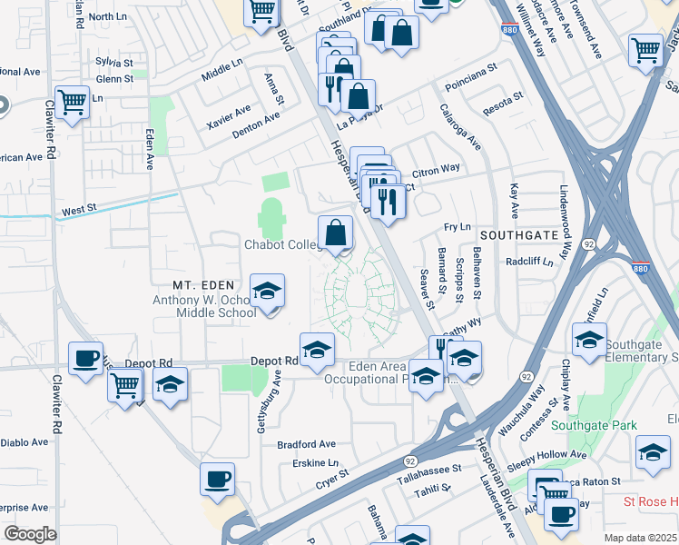 map of restaurants, bars, coffee shops, grocery stores, and more near 25555 Hesperian Boulevard in Hayward