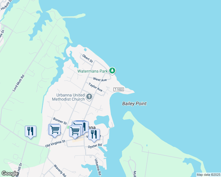 map of restaurants, bars, coffee shops, grocery stores, and more near 408 Rosegill Court in Urbanna