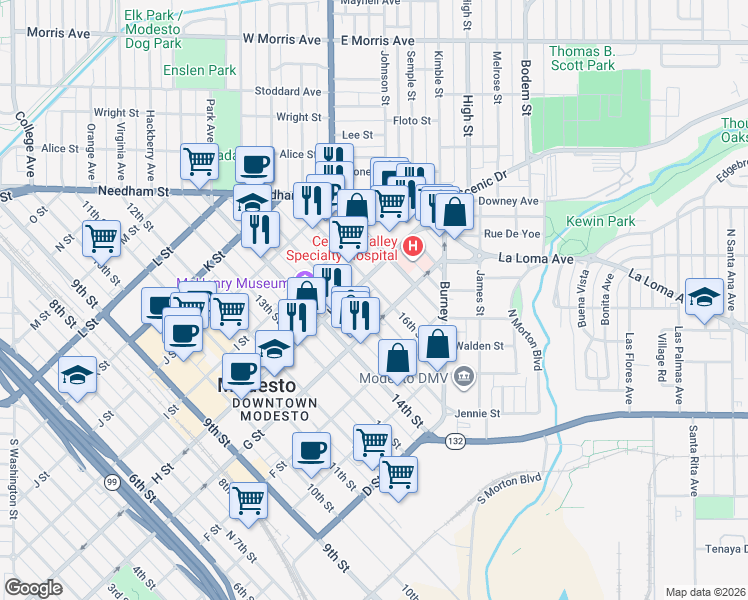 map of restaurants, bars, coffee shops, grocery stores, and more near 720 16th Street in Modesto