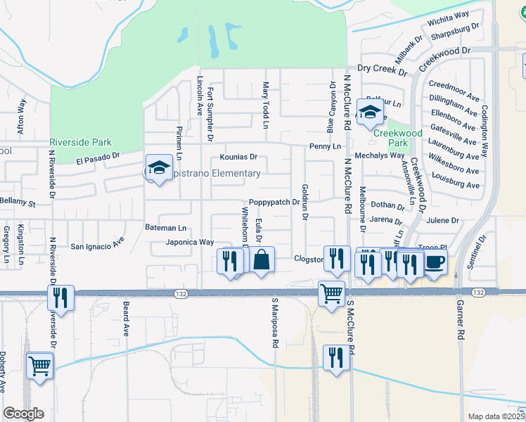map of restaurants, bars, coffee shops, grocery stores, and more near 220 Eula Drive in Modesto