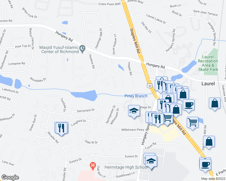 map of restaurants, bars, coffee shops, grocery stores, and more near 7400 Willow Ridge Terrace in Glen Allen