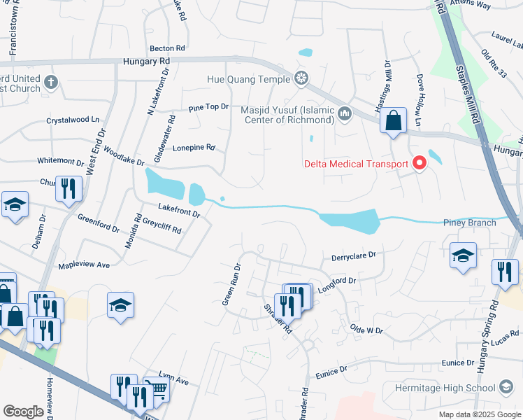 map of restaurants, bars, coffee shops, grocery stores, and more near 4100 Maple Creek Court in Richmond