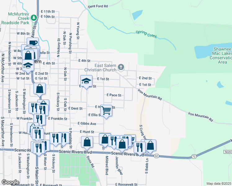 map of restaurants, bars, coffee shops, grocery stores, and more near 1007 East Center Street in Salem