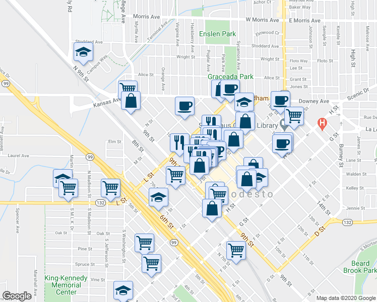 map of restaurants, bars, coffee shops, grocery stores, and more near 1000 L Street in Modesto