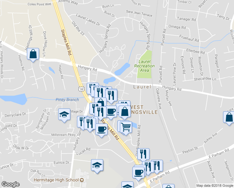 map of restaurants, bars, coffee shops, grocery stores, and more near 9209 Silverbush Drive in Richmond