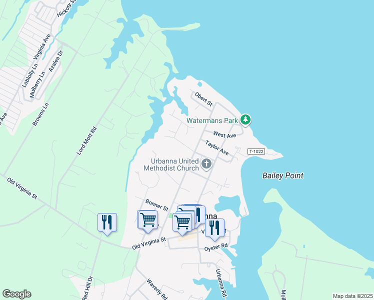 map of restaurants, bars, coffee shops, grocery stores, and more near 316 Howard Street in Urbanna