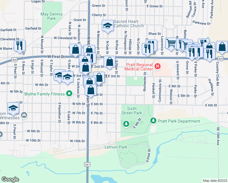 map of restaurants, bars, coffee shops, grocery stores, and more near 403 South Pine Street in Pratt