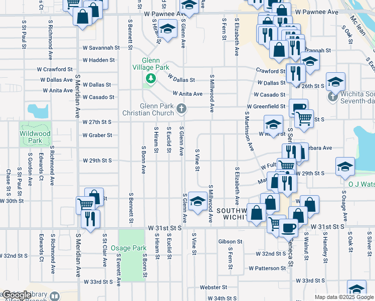 map of restaurants, bars, coffee shops, grocery stores, and more near 2926 South Glenn Avenue in Wichita