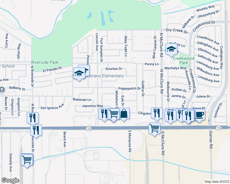 map of restaurants, bars, coffee shops, grocery stores, and more near 324 Whitehorn Drive in Modesto