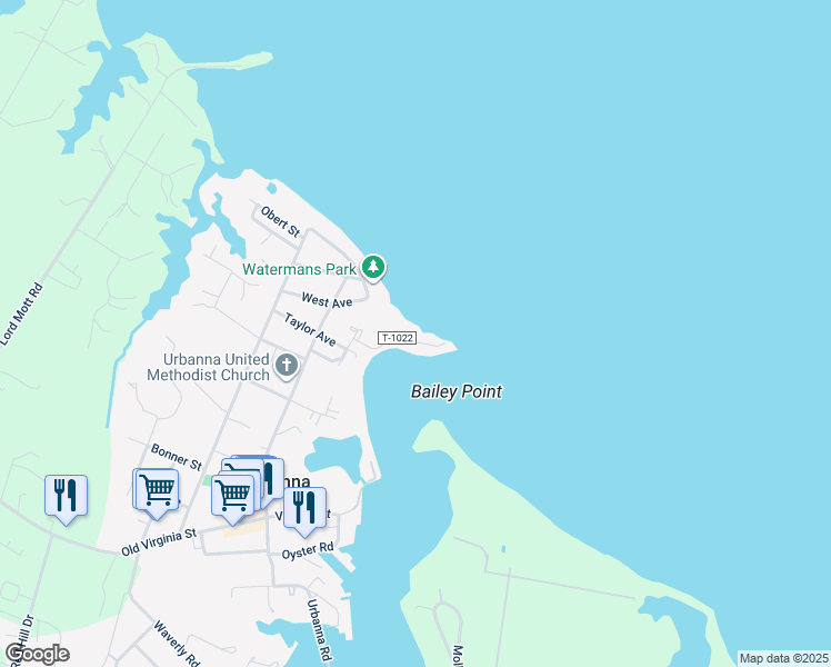 map of restaurants, bars, coffee shops, grocery stores, and more near in Urbanna