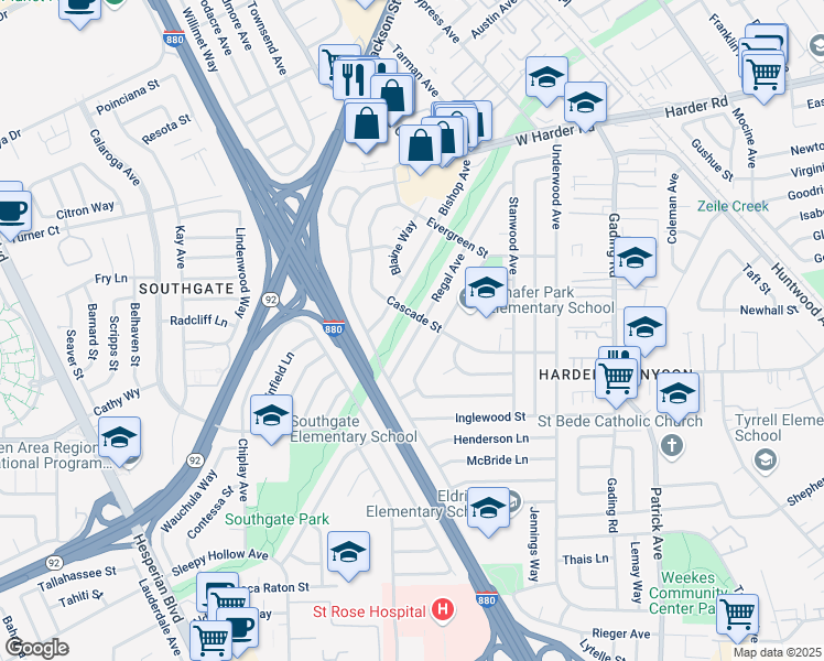map of restaurants, bars, coffee shops, grocery stores, and more near 26313 Regal Avenue in Hayward