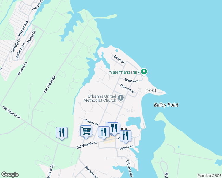 map of restaurants, bars, coffee shops, grocery stores, and more near Howard Street in Urbanna