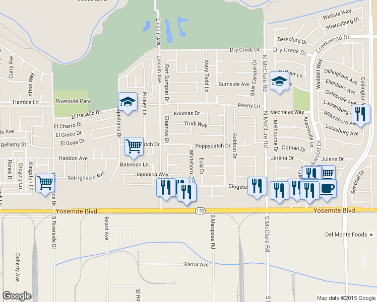 map of restaurants, bars, coffee shops, grocery stores, and more near 324 Whitehorn Drive in Modesto