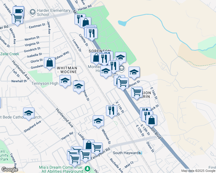 map of restaurants, bars, coffee shops, grocery stores, and more near 558 Jefferson Street in Hayward