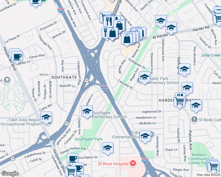 map of restaurants, bars, coffee shops, grocery stores, and more near 26192 Eldridge Avenue in Hayward