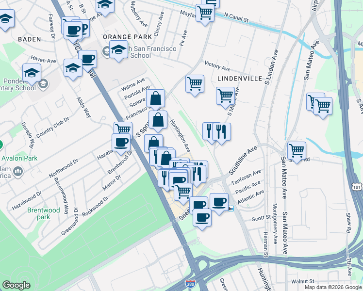 map of restaurants, bars, coffee shops, grocery stores, and more near in South San Francisco