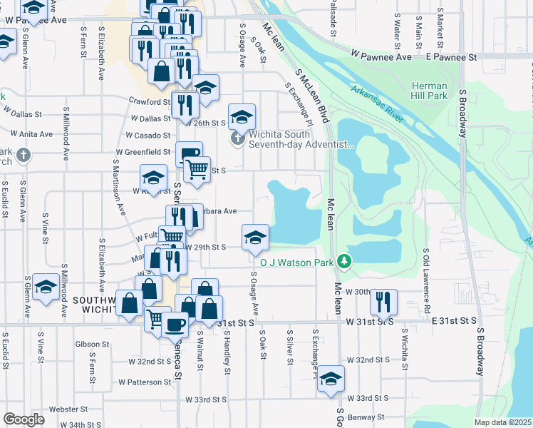 map of restaurants, bars, coffee shops, grocery stores, and more near 2902 South Osage Avenue in Wichita
