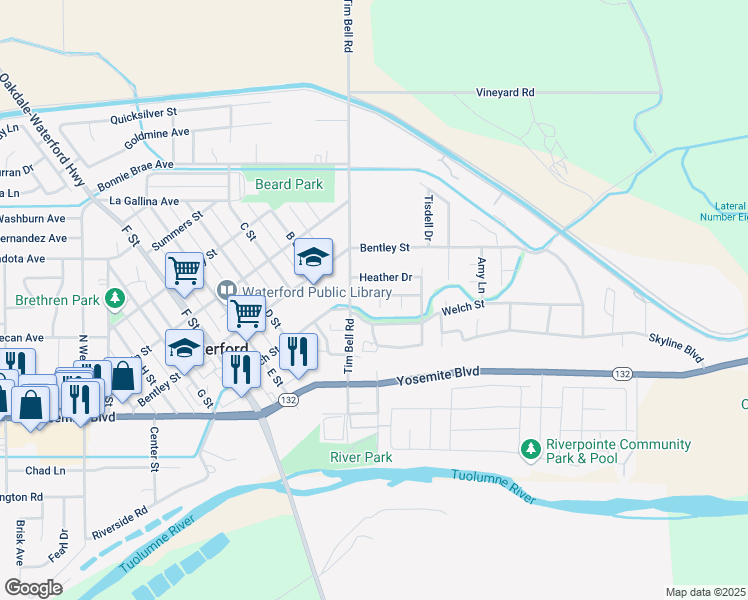 map of restaurants, bars, coffee shops, grocery stores, and more near 13067 Snowflower Drive in Waterford