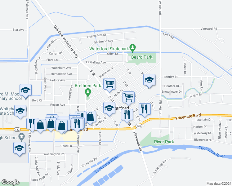 map of restaurants, bars, coffee shops, grocery stores, and more near 12517 Main Street in Waterford