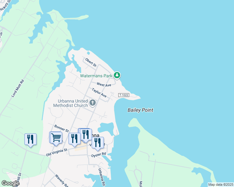 map of restaurants, bars, coffee shops, grocery stores, and more near Rosegill Court in Urbanna