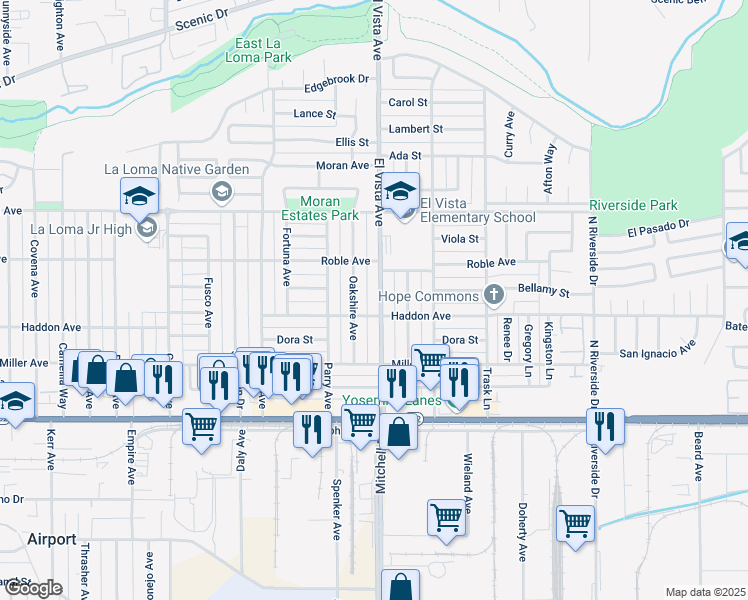 map of restaurants, bars, coffee shops, grocery stores, and more near 313 El Vista Avenue in Modesto