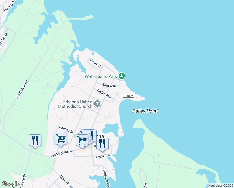 map of restaurants, bars, coffee shops, grocery stores, and more near Rosegill Court in Urbanna