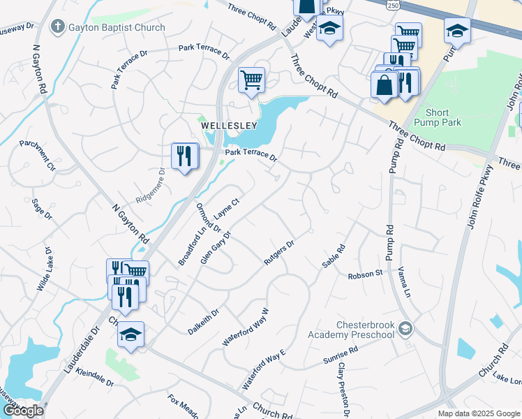 map of restaurants, bars, coffee shops, grocery stores, and more near 2734 Windingdale Drive in Richmond