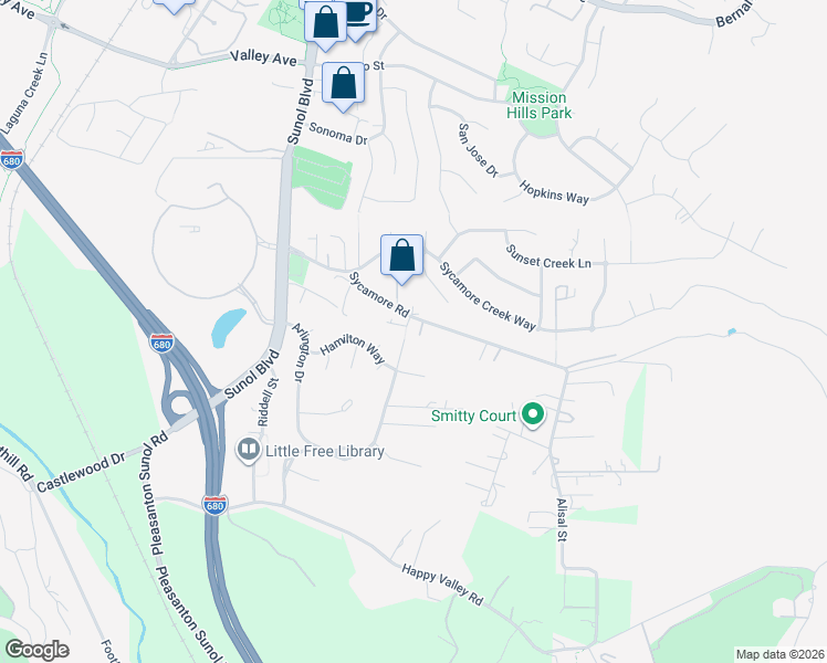 map of restaurants, bars, coffee shops, grocery stores, and more near 671 Sycamore Road in Pleasanton