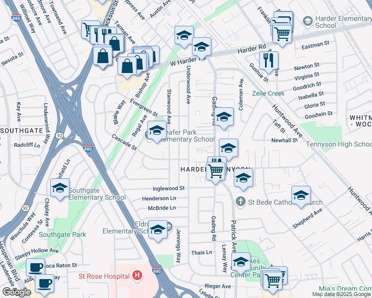 map of restaurants, bars, coffee shops, grocery stores, and more near 26340 Underwood Avenue in Hayward