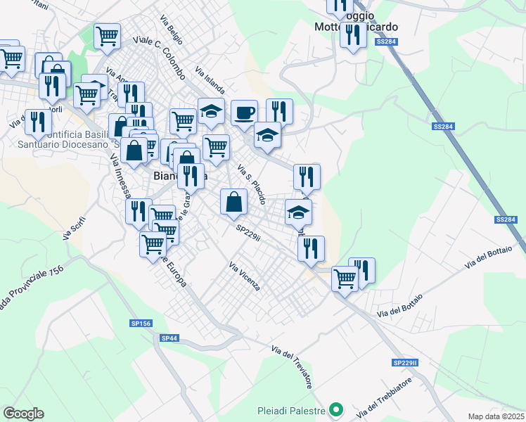 map of restaurants, bars, coffee shops, grocery stores, and more near 130 Via Poggio Rosso in Biancavilla