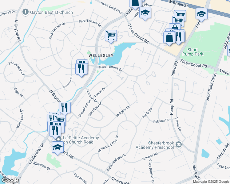 map of restaurants, bars, coffee shops, grocery stores, and more near 2734 Windingdale Drive in Richmond