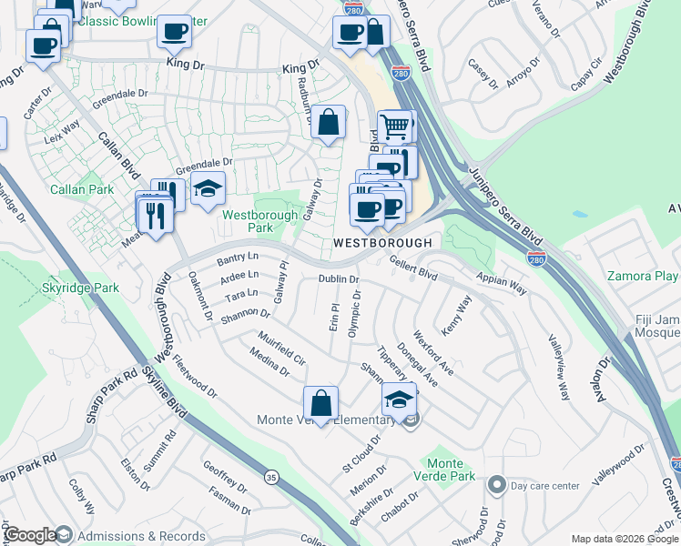 map of restaurants, bars, coffee shops, grocery stores, and more near 3080 Dublin Drive in South San Francisco
