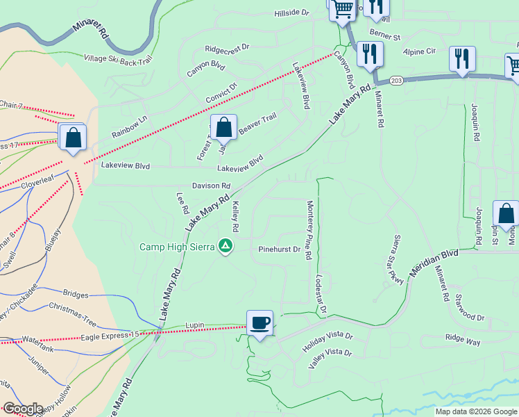 map of restaurants, bars, coffee shops, grocery stores, and more near 1524 Majestic Pines Drive in Mammoth Lakes