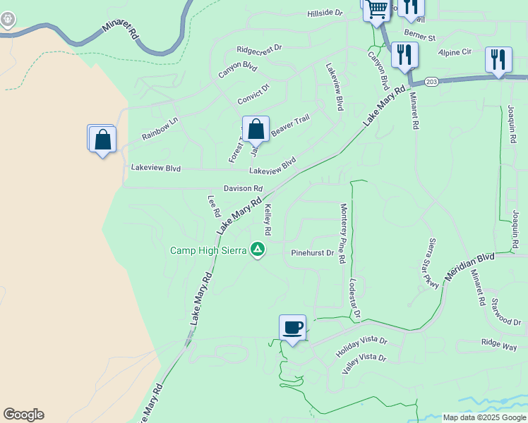 map of restaurants, bars, coffee shops, grocery stores, and more near 46 Kelley Road in Mammoth Lakes