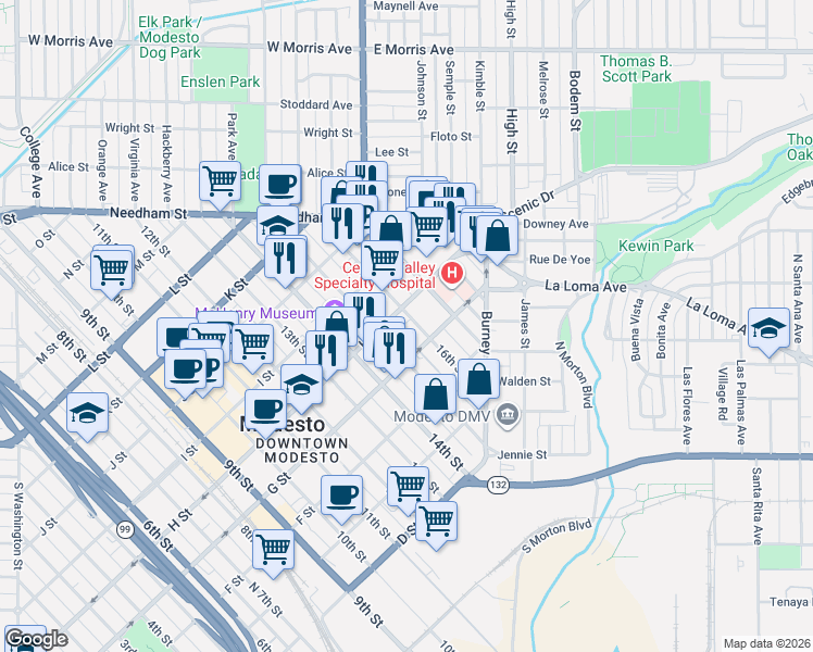 map of restaurants, bars, coffee shops, grocery stores, and more near 720 16th Street in Modesto