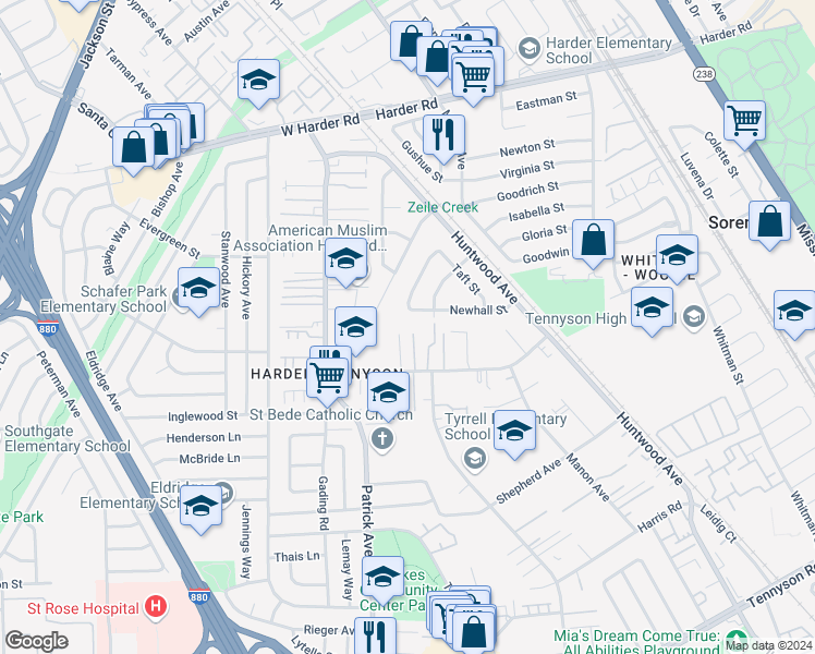 map of restaurants, bars, coffee shops, grocery stores, and more near 234 Newhall Street in Hayward